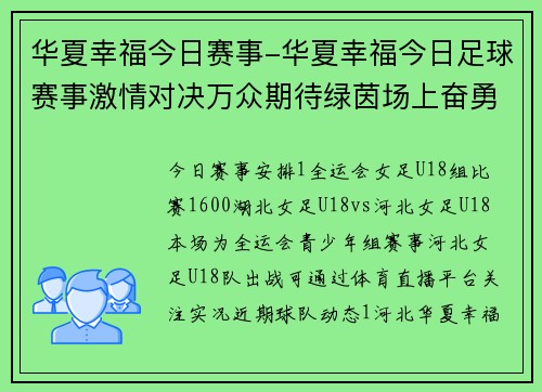 华夏幸福今日赛事-华夏幸福今日足球赛事激情对决万众期待绿茵场上奋勇拼搏争胜利